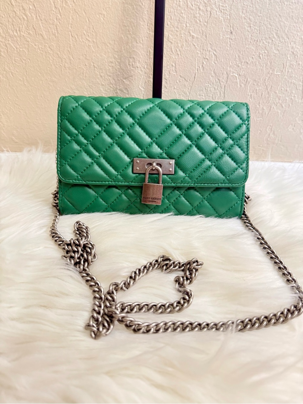 Kurt Geiger London Green Briston Lock Wallet on the chain